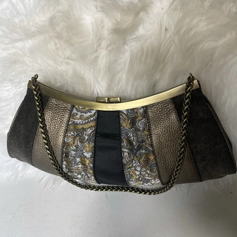 Talbots vintage black,copper & gray clutch with  a rustic gold tone chain